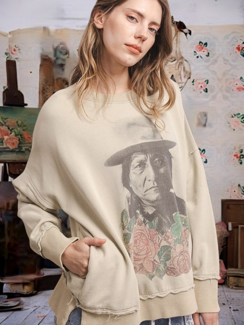 Magnolia Look Free Style Native Graphic Oversized Sweater Boho Sweatshirt Top S